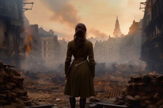 Military woman strong ruined city. Generate Ai