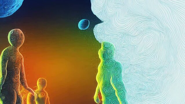 Generative AI animation of psychedelic sketch cartoon astronaut. Crazy colorful background.