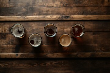 A top view of beer pints on wooden bar with space for texts. Generative AI