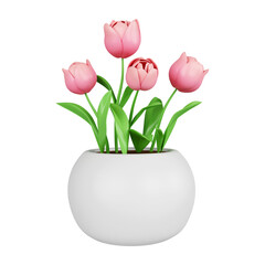 3d flower in vase. Colorful spring bouquet. Floral arrangement garland. icon isolated on white background. 3d rendering illustration. Clipping path.