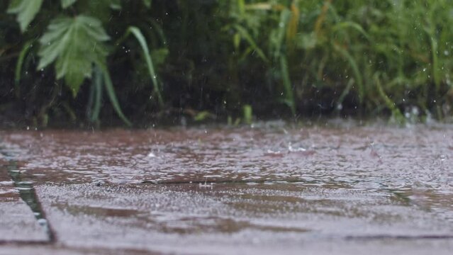 Handheld slow motion shot of rain and hail, grass in the background. Close up shot of a puddle of water. Hail hitting the water creating small splashes.
