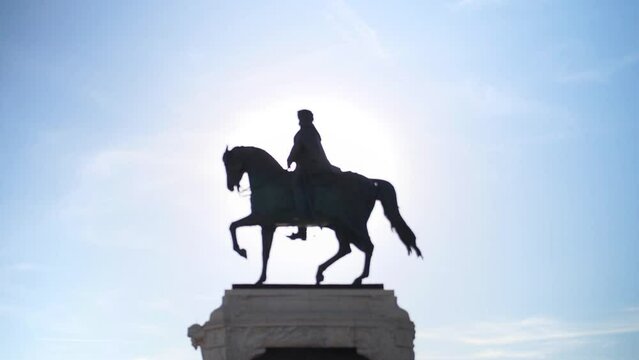 Refocused Shot Of Equestrian Statue Of Gyula Andrassy Against Sunny Blue Sky In Budapest, Hungary. low angle