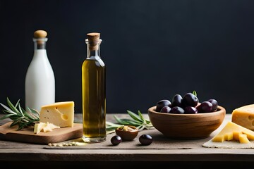 Obraz na płótnie Canvas Olives and Olive oil on black stone background, kitchen black board, dark background, advertising concept photography
