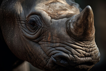 Fototapeta premium Close up of dangerous big horn rhino face, Generative ai