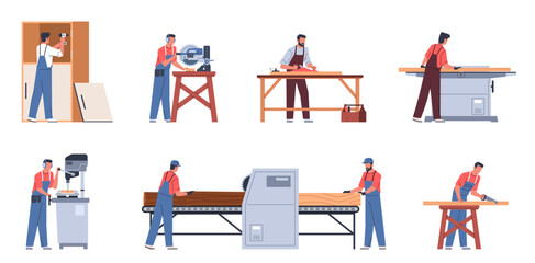 Carpenters characters with furniture. Cartoon men in workwear engaged in wood processing, sawing, drilling and planing, making process cartoon flat isolated illustration, nowaday vector set - obrazy, fototapety, plakaty