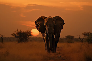 Fototapeta na wymiar Ai generated illustration of elephant on sunset