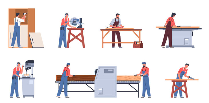 Carpenters characters with furniture. Cartoon men in workwear engaged in wood processing, sawing, drilling and planing, making process cartoon flat isolated illustration, nowaday vector set