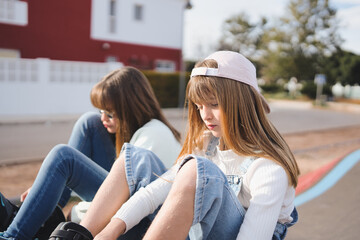 Teenage blonde sisters sitting adjusting their inline skates in a park. Healthy exercise kids...