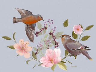 Two bright birds, one flying and the other sitting on a branch with magnolia flowers and berries. Digital watercolor painting on a gray background