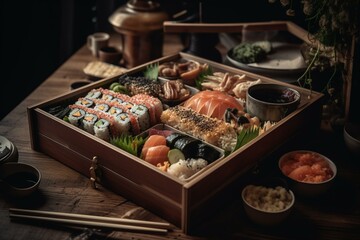 A wooden table with a bento box filled with sushi, rice, and various foods along with chopsticks and a fork. Generative AI