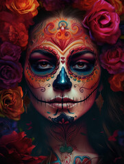 Portrait of a woman as la Catrina with bright art painted makeup adorned with floral decorations on head, prepared for festival La Muerte or Halloween party. AI generative