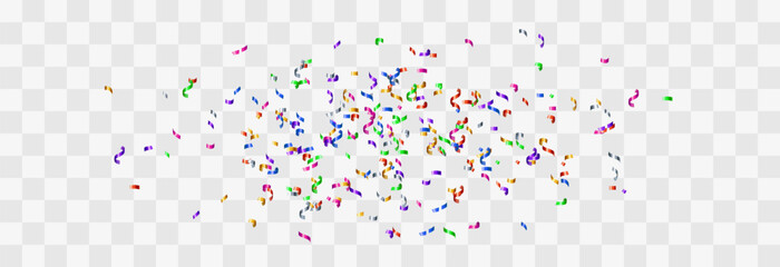 Festive confetti png. Bright confetti falls. Vector celebration background with confetti and colorful ribbons. Holidays and Birthday. Vector isolated on transparent background.