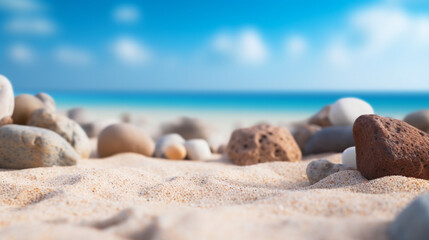 Fototapeta na wymiar A seashell on a beach with a blue sky in the background