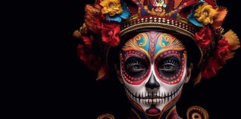 Fototapeta premium Portrait of a woman as la Catrina with bright art painted makeup adorned with floral decorations on head, prepared for festival La Muerte or Halloween party. AI generative