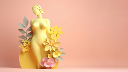 Female sculpture with spring flowers in 3d style. Concept of women's health and beauty. AI Generated. - obrazy, fototapety, plakaty