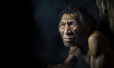 portrait photo of Neanderthal (archaic human) sitting in an ancient cave. Generative AI
