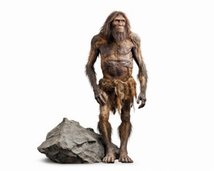 photo of Neanderthal (archaic human) isolated on white background. Generative AI