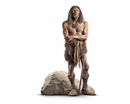 photo of Neanderthal (archaic human) isolated on white background. Generative AI