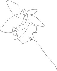 One line drawing of beauty woman face with leaves. Abstract minimal single continuous line female portrait. Logo for organic cosmetics, beauty salon, spa. Vector illustration.