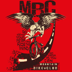 Crow on a bicycle riding down hill mascot of a mountain bike club. Red background with text and a downhill road. Sport illustration concept.