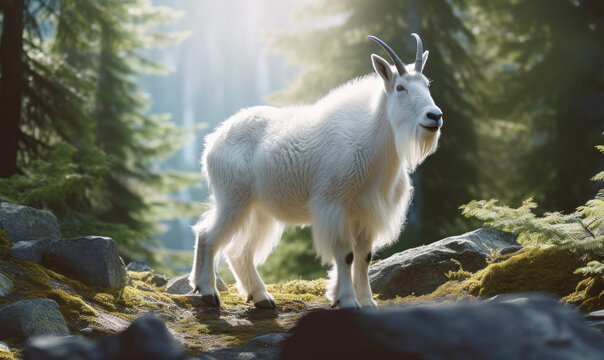 sunset photo of mountain goat in its natural habitat with forest background. Generative AI