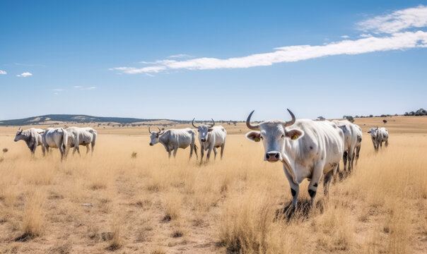 Pastoral Bliss: Photo of Murray Grey cattle grazing peacefully in vast, open grassland under bright blue sky. visible muscular build & distinctive silver-grey coat of the Murray Grey. Generative AI