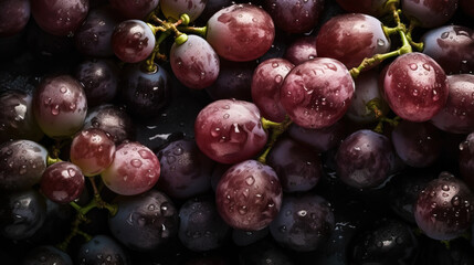 Fototapeta premium Fresh ripe grapes with water drops background. Berries backdrop. Generative AI