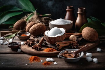 background products - coconut and spices on a wooden table .dark background. Rustic Style. Generative AI