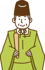 狩衣を着て笏を持った男性の神主イラスト