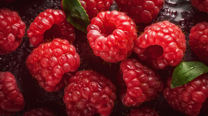 Fresh ripe raspberry with water drops background. Berries backdrop. Generative AI