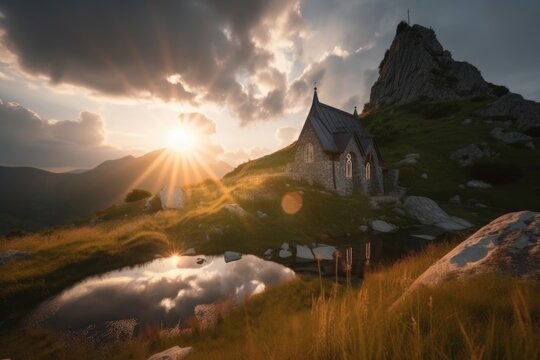 reflection of chapel in mountains, with view of sunset and clouds, created with generative ai