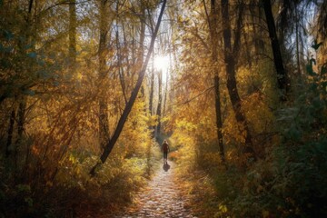 Fototapeta na wymiar person, walking through autumn forest, with the sun shining through the trees, created with generative ai