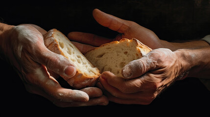 Communion, photorealist hands sharing bread on a black background