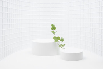 Spring abstract white stage with two round podiums mockup for presentation cosmetic products,...