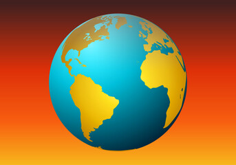 Planeta Tierra con los continentes en amarillo por la sequía, agua azul  y de fondo una ola de calor. Sequía. Calentamiento global. Ola de calor. Crisis climática © Montsilus