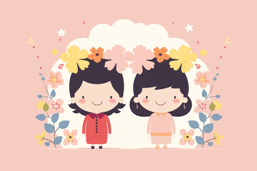a child with flowers, cute children with flowers, friendship day, children's day illustration