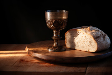 Chalice and bread on a wooden table. Dark background with sunrays. The Sacrament of Holy Communion