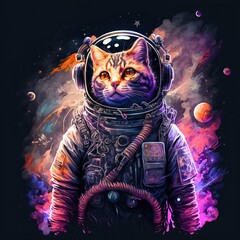 illustration of an astronaut cat in flying saucer or spaceship psychedelic art , cute cat illustration , sci fi cat, cute