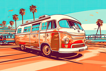 Illustration, graphic or vector of a camper van on the road. Popart style. 
