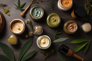 nature-inspired cbd oil products, including balms and salves with plant and flower extracts, created with generative ai - obrazy, fototapety, plakaty