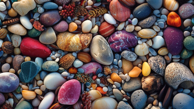 Intricate textures and colors of pebbles on a beach in vibrant colors. Generative AI