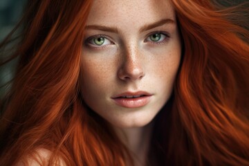 Close-Up Portrait of Red-Haired Beauty with Freckles, Fashionably Cute
