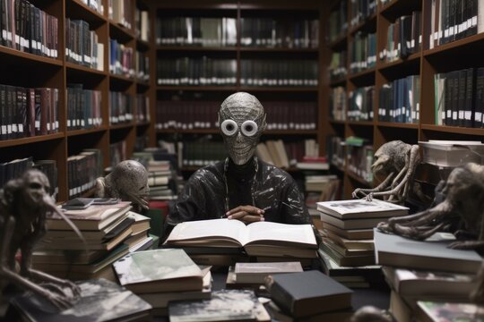 alien student, surrounded by books and notebooks, in the library, created with generative ai