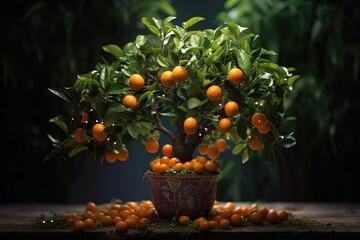 Captivating close-up of a flourishing orange tree adorned with ripe, juicy fruits, inviting viewers to savor the bountiful harvest.