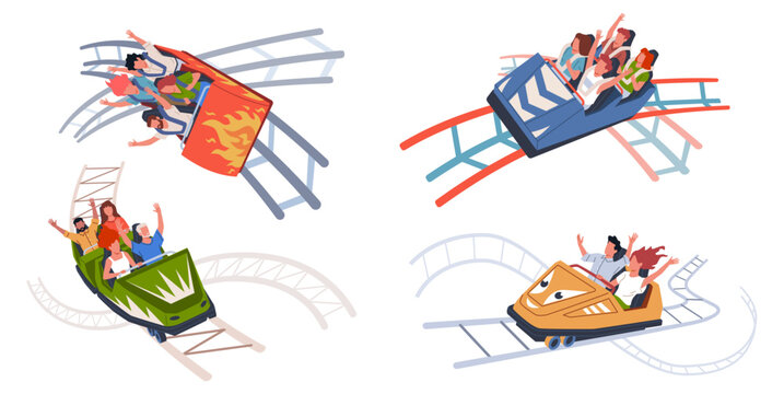 People ride roller coaster. Extreme rail attraction, amusement park visitors scream in trailers, emotional experiences. Men and women on Russian mountains. Cartoon flat nowaday vector set