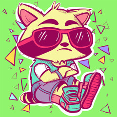Sticker clipart of a slav squatting raccoon with sunglasses, clothes and hip hop shoes. Slavic cartoon animal character with stripes