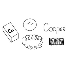 Copper in various forms. Wire on reel, rectangular piece, spring. Valuable solid material for industrial, dense heat-conducting metal. Vector black and white isolated illustration hand drawn doodle