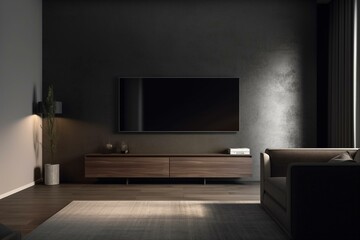 Empty TV screen in dark modern interior with gray sofa, living room background template, front view 3D render. Generative AI