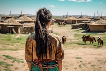 Mongolian ancient woman yurt. Generate Ai