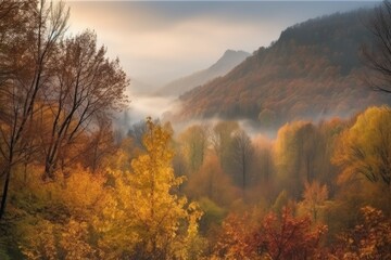 autumn forest with foggy morning light, view of the mountain range in the background, created with generative ai